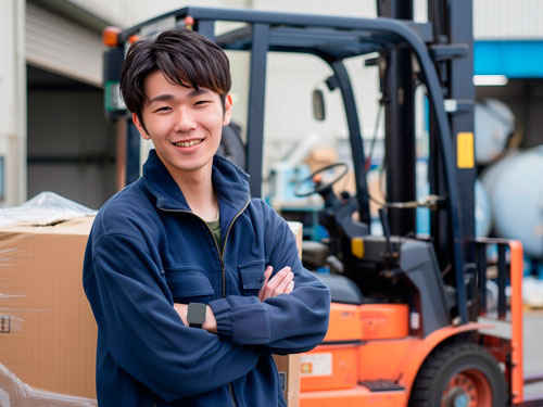 男性社員とカウンターフォークリフト