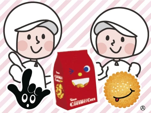 食品工場スタッフの男女イラストと株式会社東ハトの商品パッケージにいるキャラクターイラストの画像