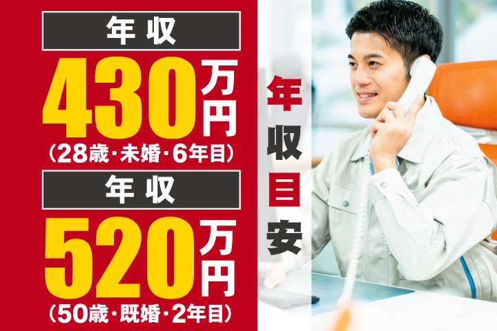 年収目安　年収430万円（28歳・未婚・6年目）　年収520万円（50歳・既婚・2年目）