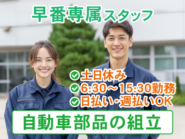 土日休み 6:30～15:30勤務 日払い･週払いOK早番専属スタッフ自動車部品の組立