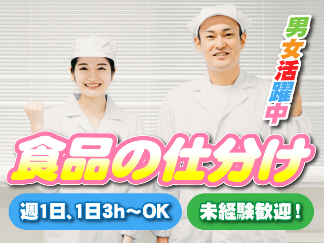 食品の仕分け！週1日、1日3h～OK！未経験歓迎！男女活躍中