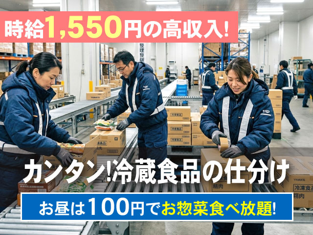 時給1,550円の高収入!お昼は100円でお惣菜食べ放題！カンタン！冷蔵食品の仕分け
