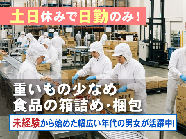 土日休みで日勤のみ！未経験から始めた幅広い年代の男女が活躍中！重いもの少なめ 食品の箱詰め・梱包