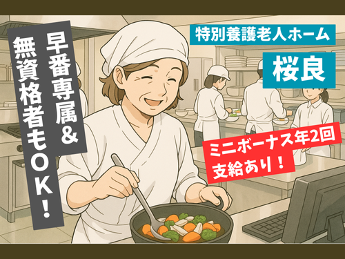 調理員／資格・経験いっさい不問／ミニボーナス年2回支給あり／早番専属
