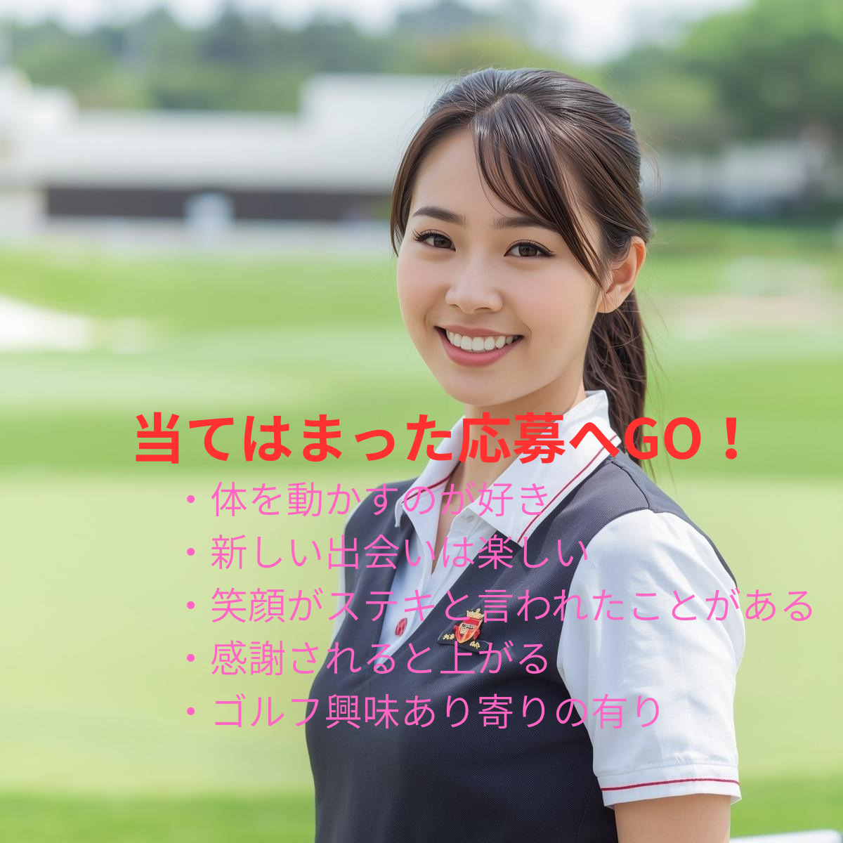 当てはまったら応募へGO！・体を動かすのが好き ・新しい出会いは楽しい ・笑顔がステキと言われたことがある ・感謝されると上がる ・ゴルフ興味あり寄りの有り