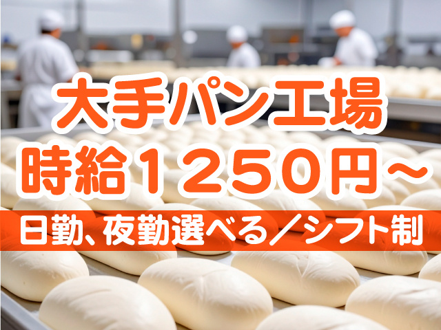 大手パン工場　時給1250円～　日勤、夜勤選べる／シフト制