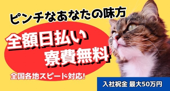 【ネコのようなスピード対応♪】ネジ締め/梱包/日払い/住み込み/家具家電完備/入社初日に3万アリ