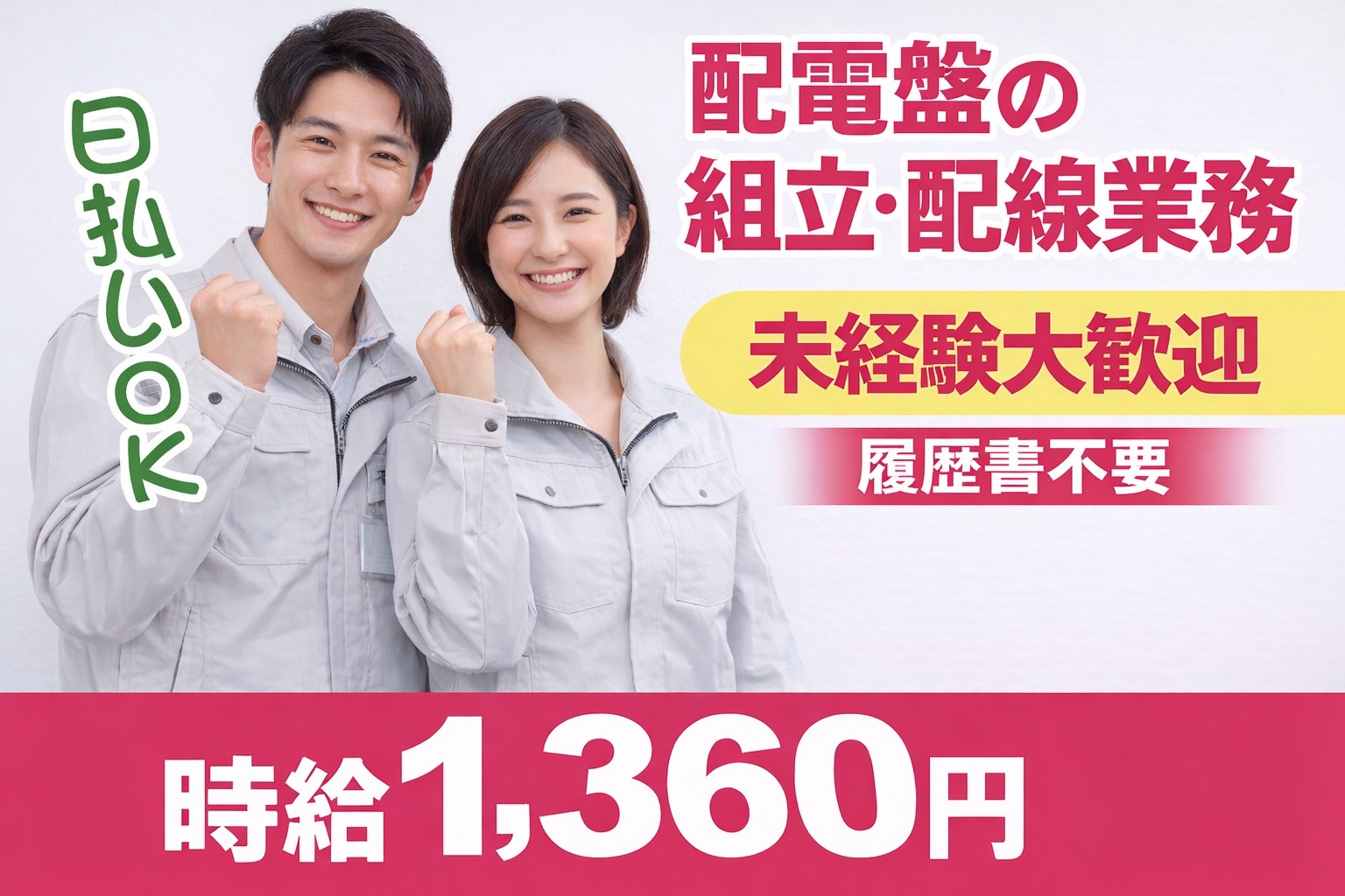 配電盤の組立・配線業務、日払いOK、履歴書不要