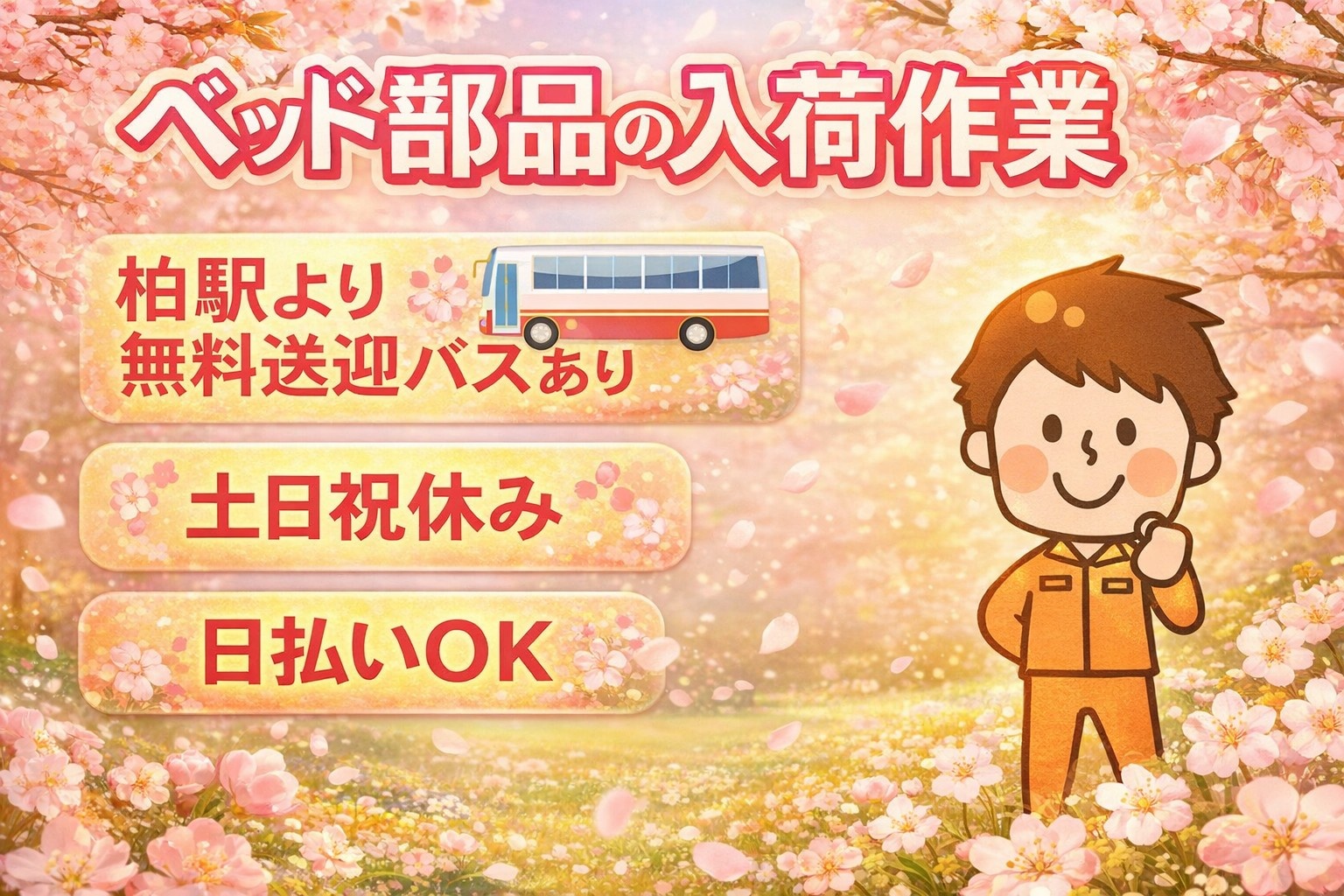 ベッド部品の入荷作業　柏駅より無料送迎バスあり　土日祝休み　日払いOK