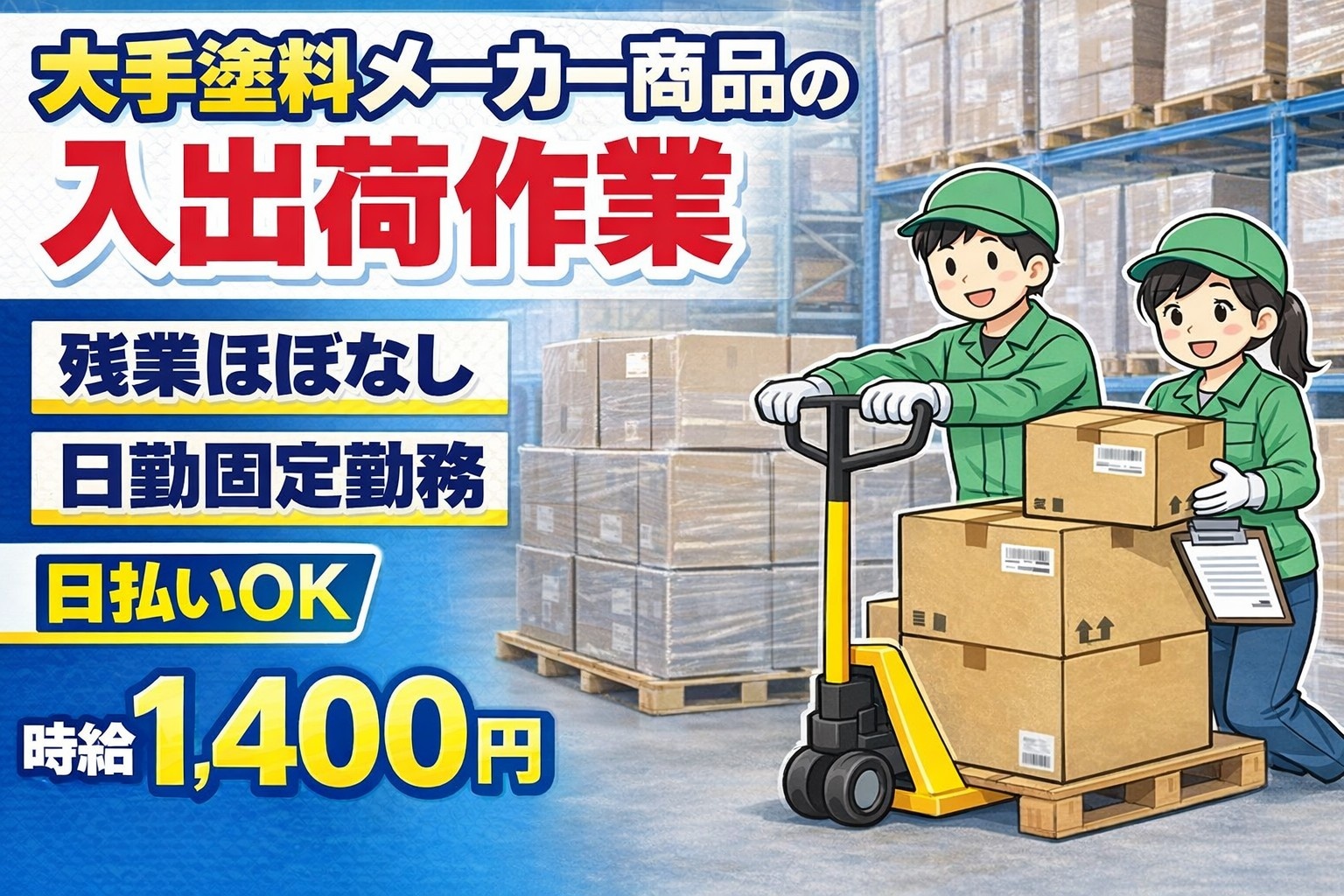 大手塗料メーカー商品の入出荷作業　残業ほぼなし　日勤固定勤務　日払いOK　時給1,400円