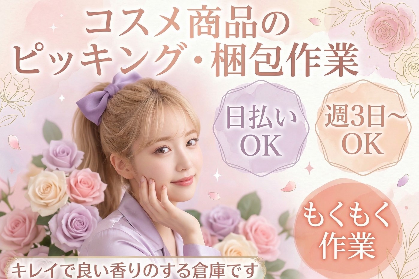 コスメ商品ピッキング・梱包作業　日払いOK ・週3日～OK・黙々作業