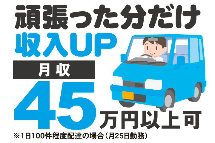 頑張った分だけ収入UP　月収45万円以上可※1日100件程度配達の場合（月25日勤務）