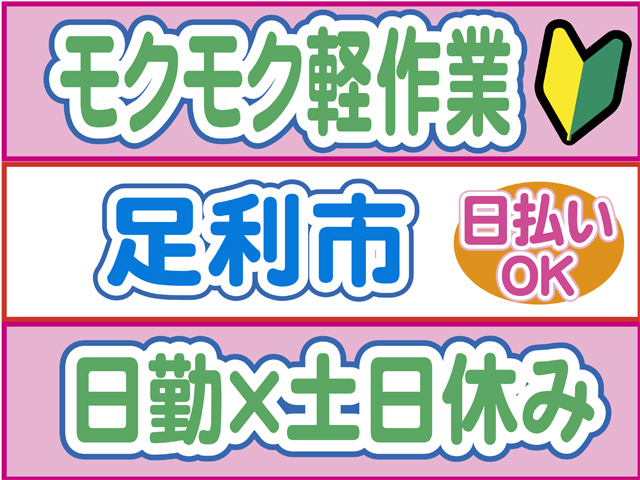 もくもく軽作業、足利市、日払いOK、日勤、土日休み