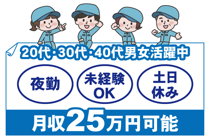 男女イラスト　月収25万円可能　未経験OK　土日休み　夜勤　20代・30代・40代男女活躍中