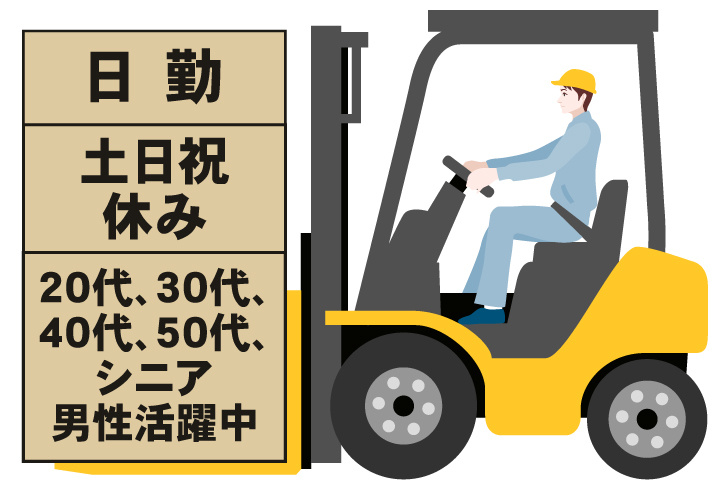 日勤　土日祝休み　20代、30代、40代、50代、シニア男性活躍中