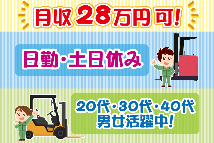 日勤 土日休み 月収28万円可 20代・30代・40代男女活躍中！