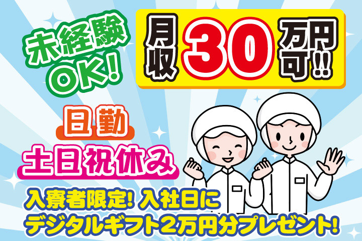 未経験OK 日勤 土日祝休み 月収30万円可 入寮者限定！入社日にデジタルギフト2万円分プレゼント！