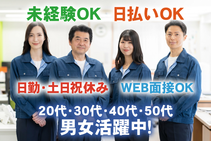 未経験OK　日勤・土日祝休み　日払いOK　WEB面接OK　　20代・30代・40代・50代男女活躍中！