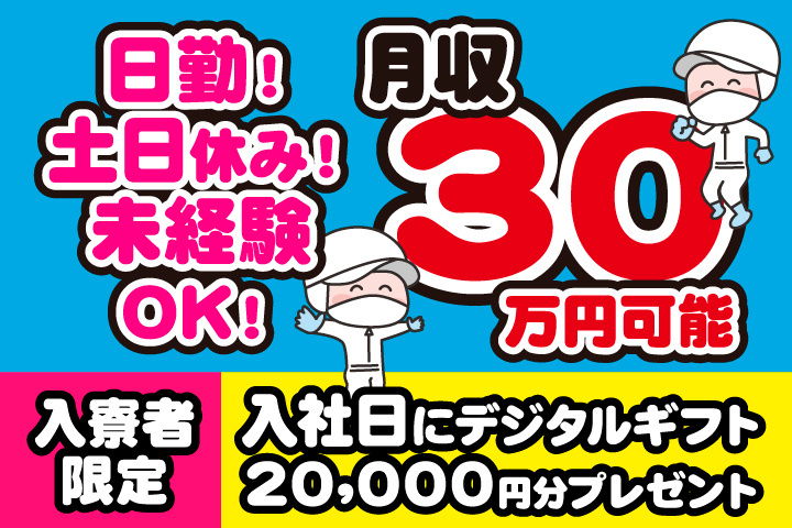 未経験OK 日勤 土日休み 月収30万円可 入寮者限定！入社日にデジタルギフト2万円分プレゼント！