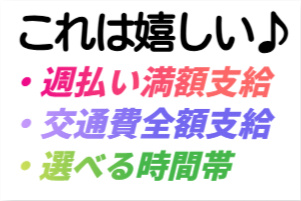 これは嬉しい♪週払い全額支給、交通費全額支給、選べる時間帯