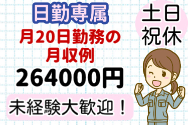 日勤専属、20日勤務の月収例264000円、未経験大歓迎！、土日祝日休みの文字と女性のイラスト