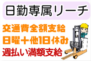 日勤専属リーチ、交通費全額支給、日曜＋他1日休み、週払い満額支給の文字とリーチフォークリフトオペレーターのイラスト