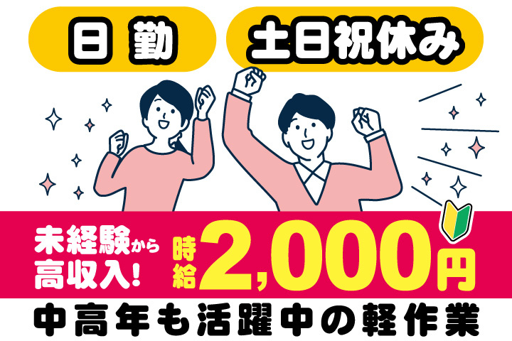 男女イラスト　未経験から高収入！時給2000円　日勤・土日祝休みで中高年も活躍中の軽作業