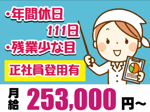 年間休日111日　残業少な目　正社員登用有　月給253,000円～