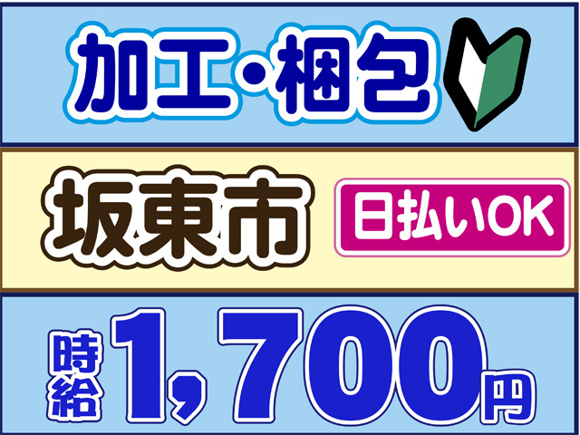 加工・梱包、坂東市、日払いOK、時給１７００円