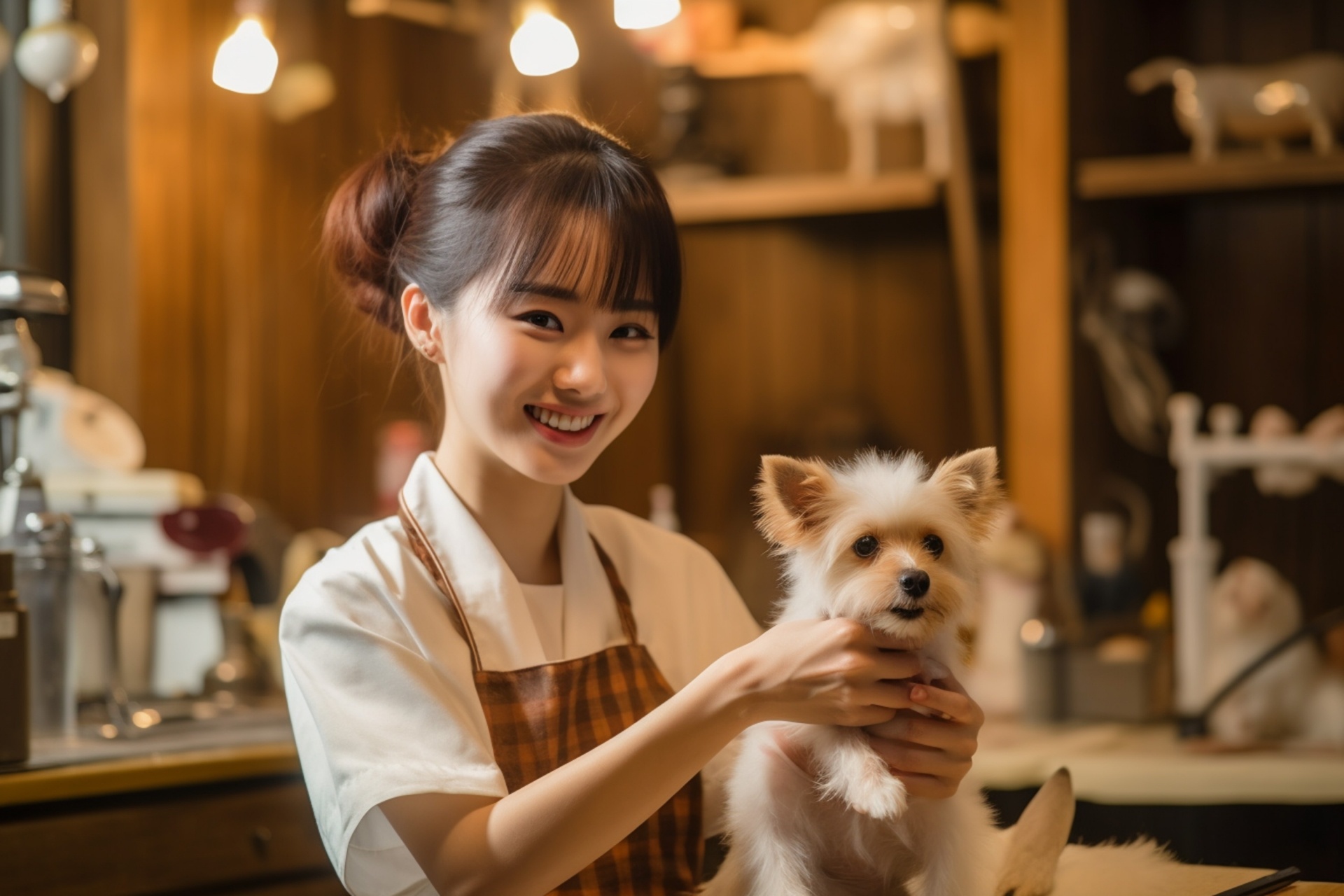 犬を抱き上げるホテルスタッフ