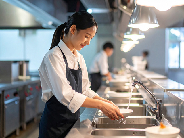 ホテルの厨房で皿を洗うスタッフ