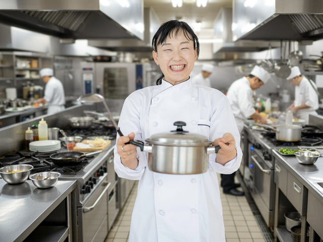 厨房で鍋を持っている女性料理人