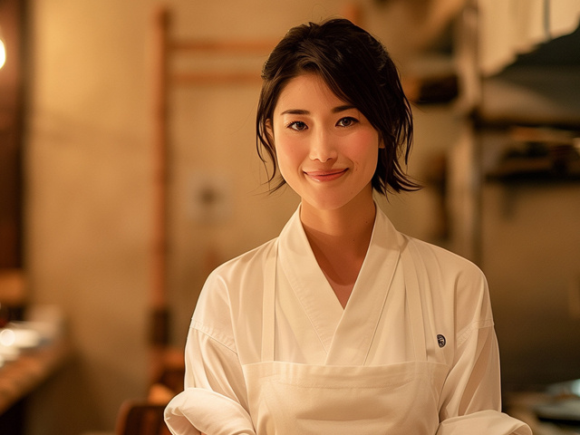 和食サービススタッフ　白い制服を着用した黒髪で笑顔の女性
