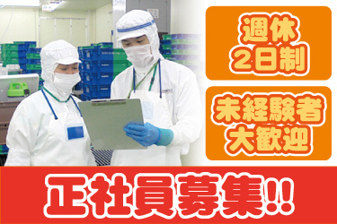 食品工場で働いている男女の写真。正社員募集！週休2日制、未経験者大歓迎