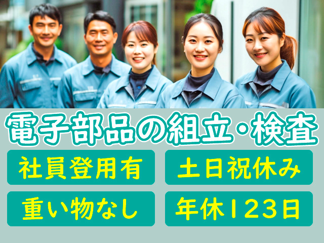 電子部品の組立・検査　社員登用有　土日祝休み　重い物なし　年休123