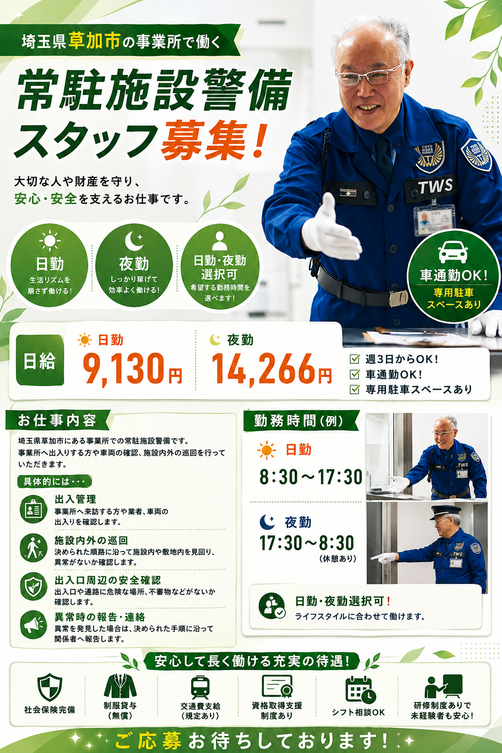草加市事業所の施設警備スタッフ契約社員募集
