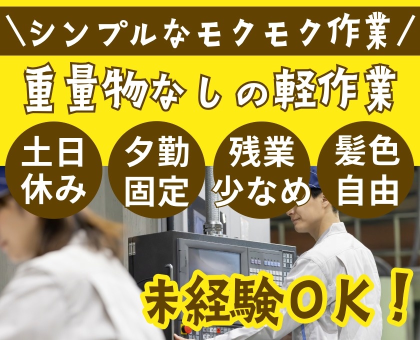 シンプルなモクモク作業　重量物なしの軽作業　土日休み　夕勤固定　残業少なめ　髪色自由