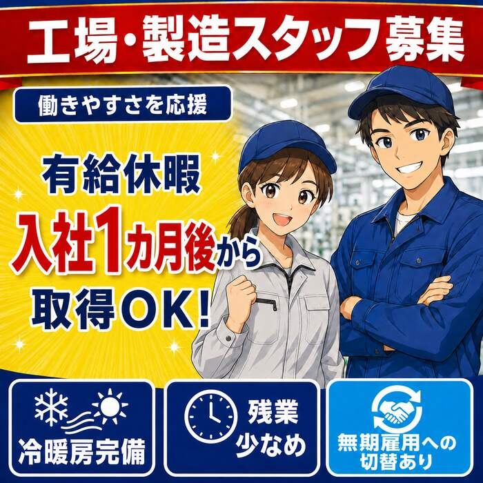 工場・製造スタッフ募集。有給休暇は入社1カ月後から取得可能。冷暖房完備、残業少なめ、無期雇用への切替あり。