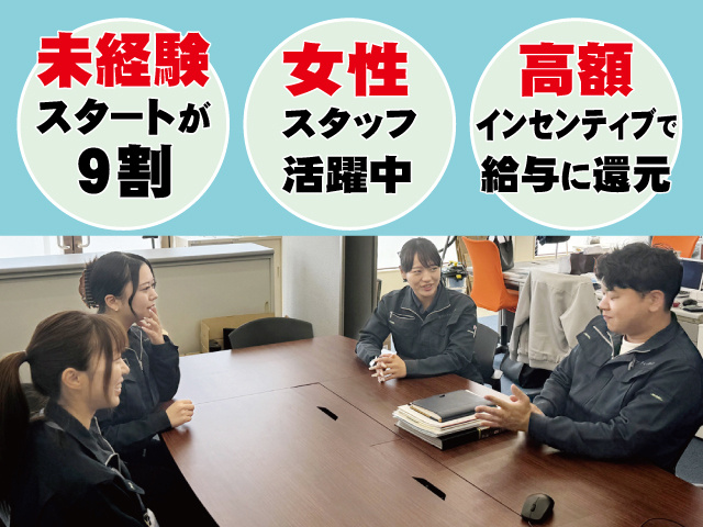 話し合う社員、未経験 スタートが 9割、女性 スタッフ 活躍中、高額 インセンティブで 給与に還元