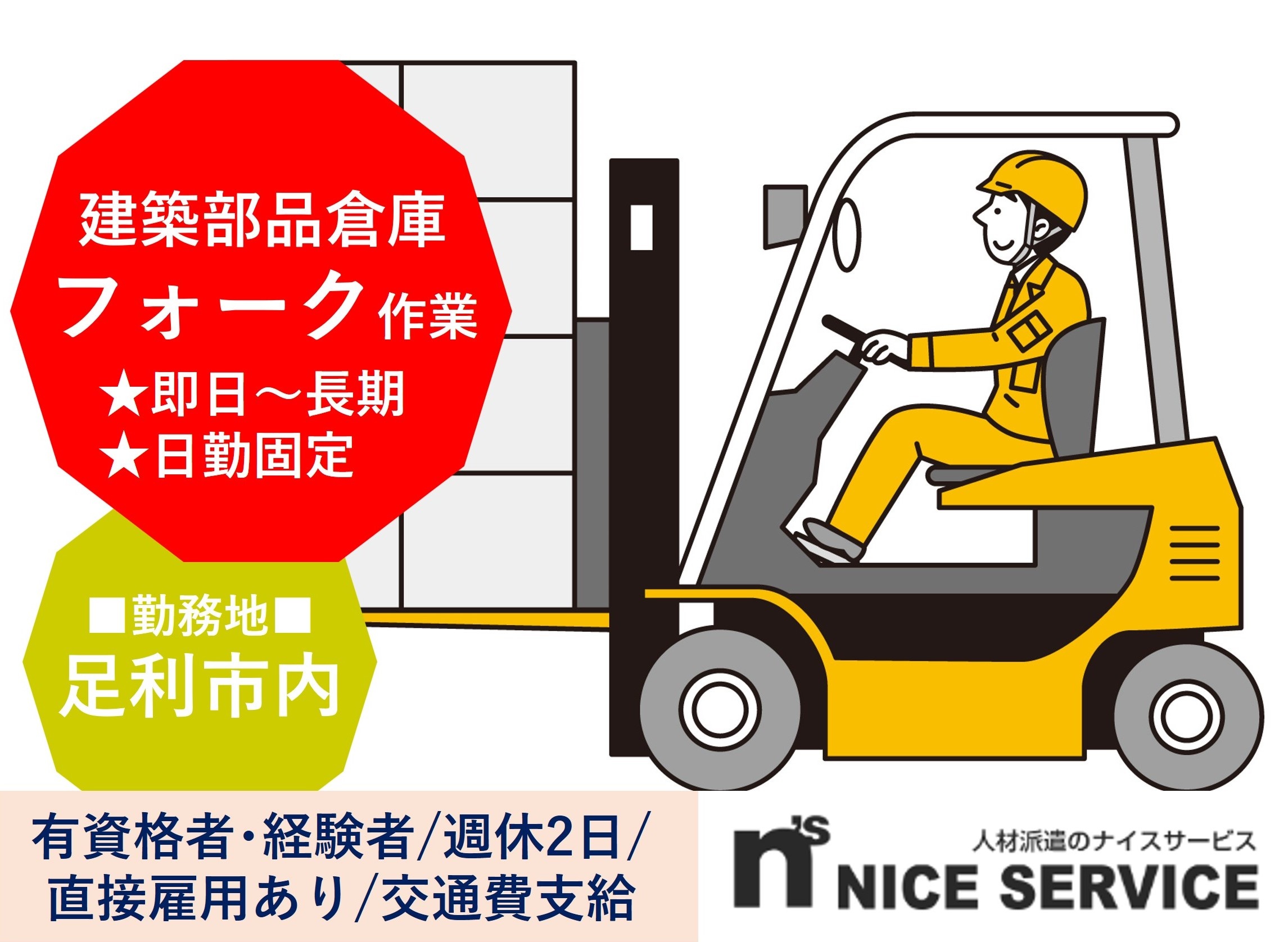 建築部品倉庫でのフォークリフト作業　日勤固定　足利市勤務　人材派遣のナイスサービス
