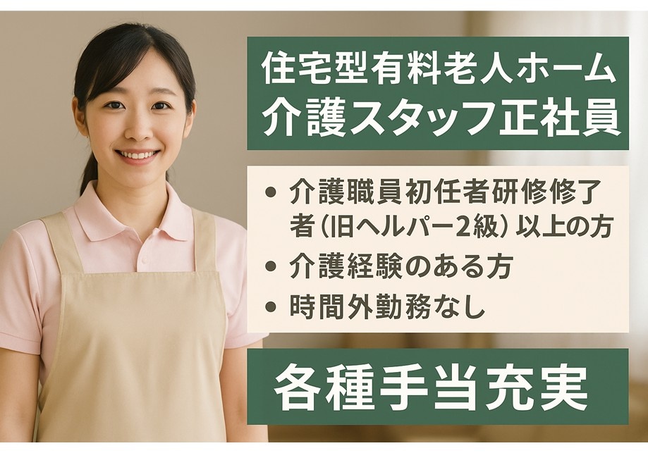 住宅型有料老人ホーム　介護スタッフ　正社員　・介護職員初任者研修修了者（旧ヘルパー2級）以上の方・介護経験のある方　時間外勤務なし　各種手当充実