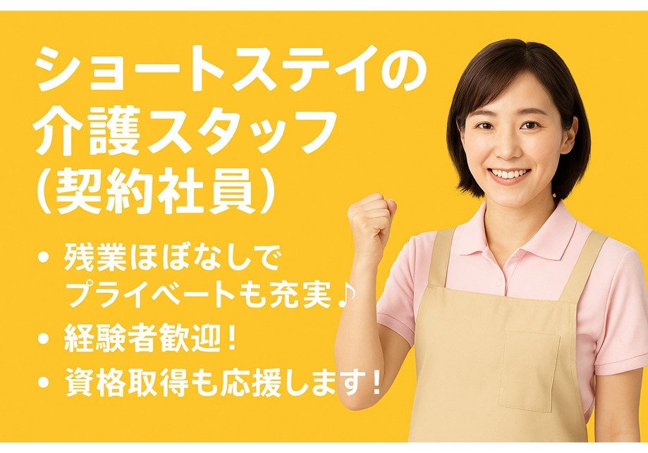 ショートステイの介護スタッフ（契約社員）　残業ほぼなしでプライベートも充実　経験者歓迎　資格取得も応援します