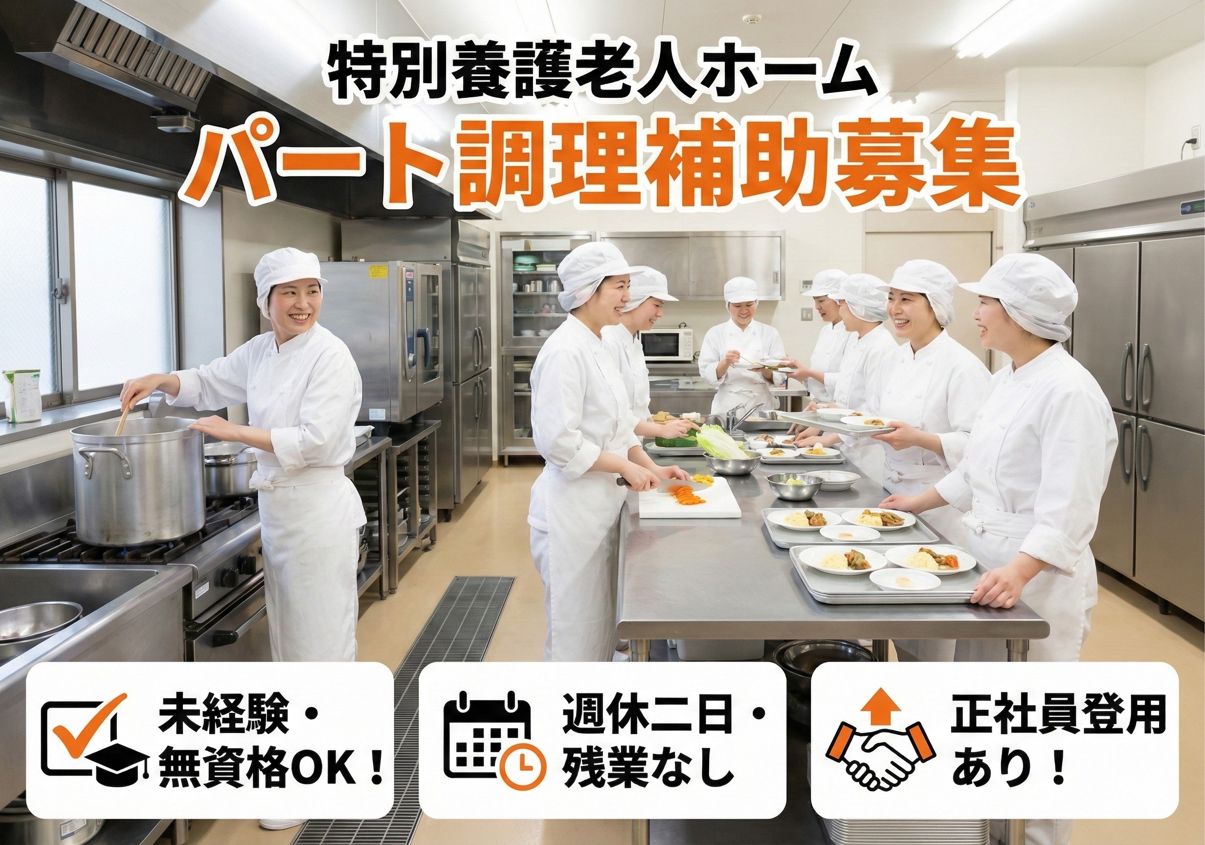 特別養護老人ホーム厨房内のパート調理補助募集！未経験・無資格でも応募可能です！