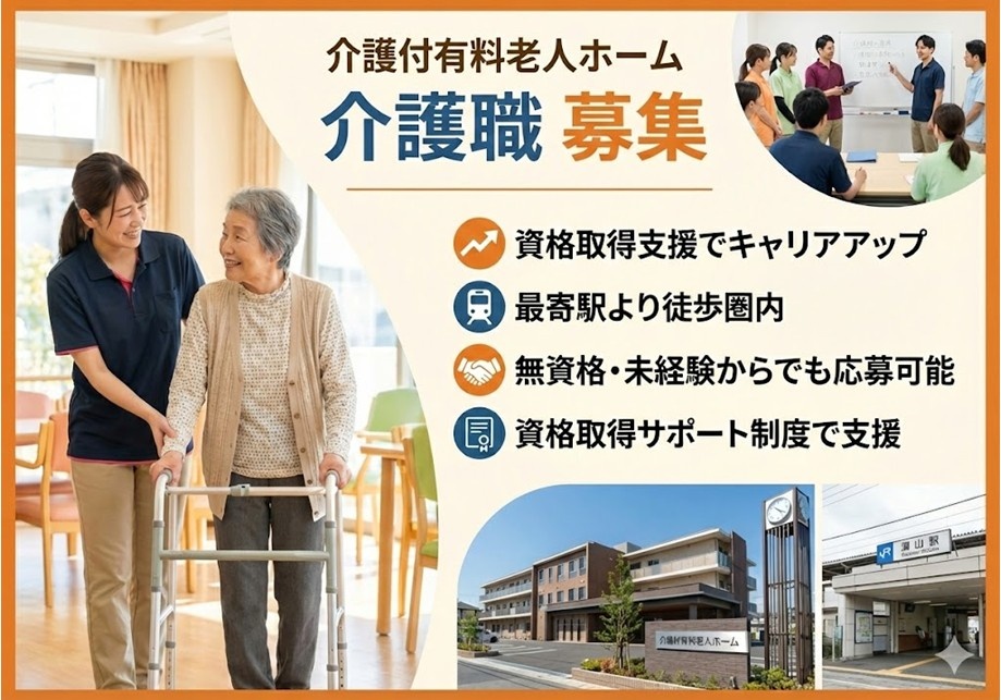 介護付き有料老人ホーム　介護職募集　資格取得支援でキャリアアップ　最寄駅より徒歩圏内　無資格・未経験からでも応募可
