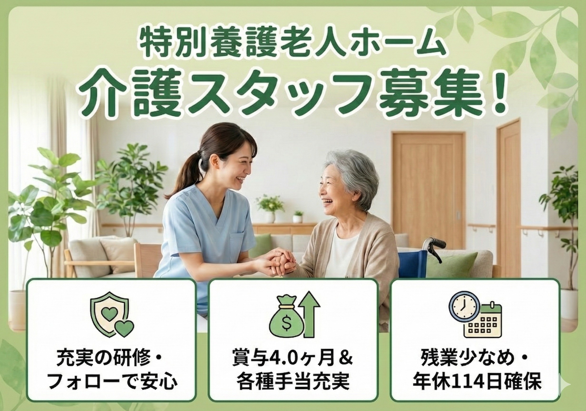 特別養護老人ホーム　介護スタッフ募集　充実の研修・フォローで安心　賞与4.0ヶ月＆各種手当充実　残業少な目　年休114日確保