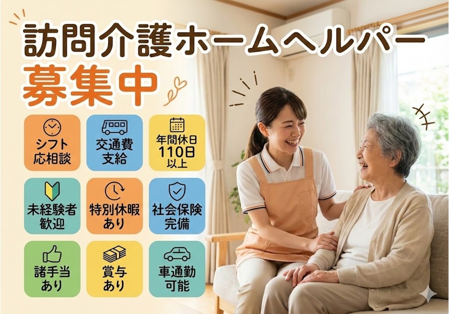 訪問介護ホームヘルパー募集中　シフト応相談　交通費支給　年間休日110日以上　未経験歓迎　特別休暇あり　社会保険完備　諸手当あり　賞与あり　車通勤可