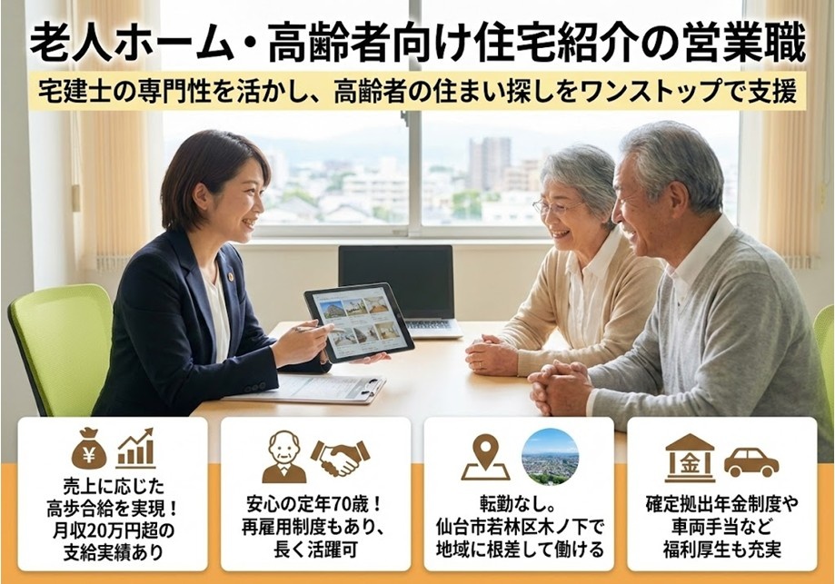 老人ホーム・高齢者向け住宅紹介の営業職　宅建士の専門性を活かし、高齢者の住まい探しをワンストップで支援　売上に応じた高歩合給を実現　定年70歳　福利厚生充実