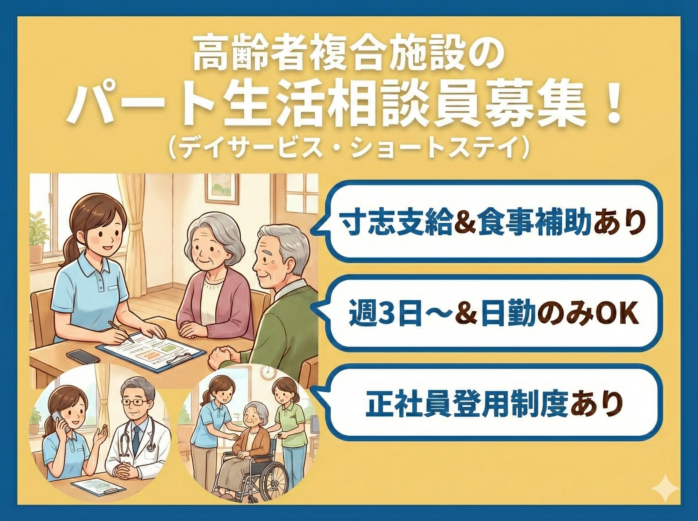 高齢者複合施設のパート生活相談員募集　デイサービス/ショートステイ　寸志支給・食事補助あり　週3日～・日勤のみOK　正社員登用制度あり