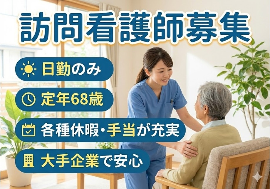 訪問看護師募集　日勤のみ　定年68歳　各種休暇・手当充実　大手企業で安心