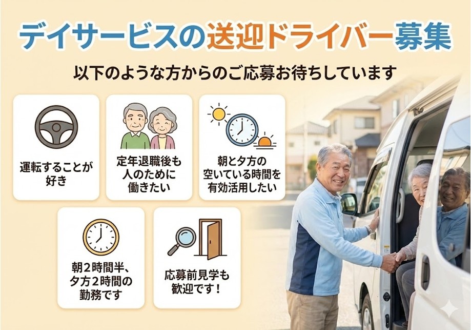 デイサービスの送迎ドライバー募集　運転することが好きな方・定年退職後も人の為に働きたい方・朝と夕方の空いている時間を有効活用したい方大歓迎！